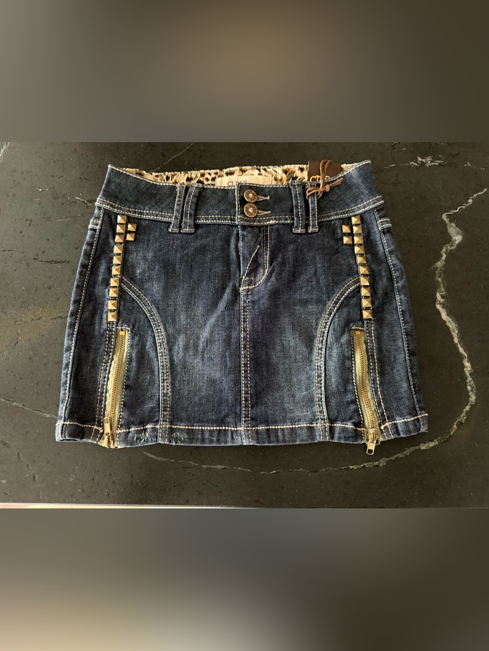 Y2K Studded Denim Mini Skirt Leopard Zip Pocket Punk Small